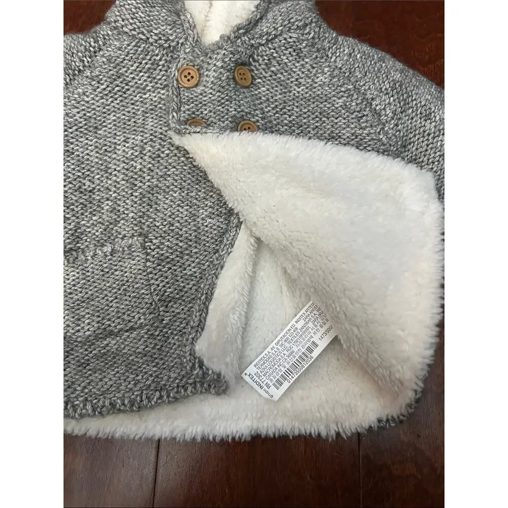 Zara Kid’s Gray Knit Hooded Baby Sweater with Cream Sherpa Lining, Size 1-3 M